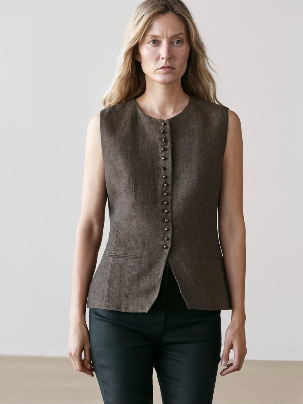 Massimo Dutti Linen Sleeveless Brown Button-Front Vest